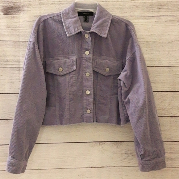 Forever 21 Jackets & Blazers - Forever 21 100% Cotton Corduroy Snap Up Frayed Hem Crop Jacket Lavender XL